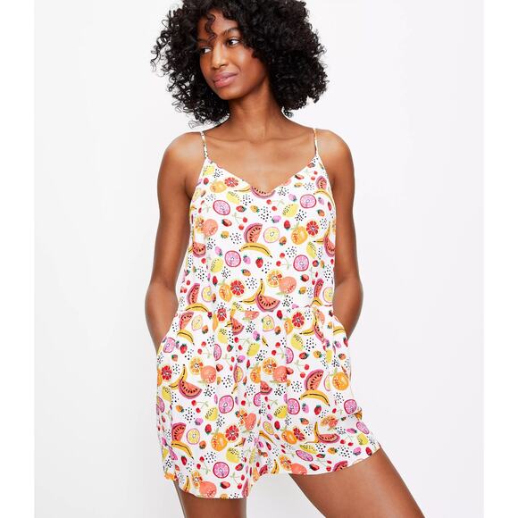 Loft Fruit Salad Pink Yellow Shorts Romper Pockets‎ Cherries Lemons Size Small - Picture 1 of 10